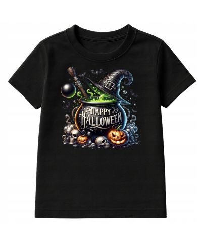 Koszulka dziecięca Happy Halloween Kociołek Czarownicy dynie nietoperze