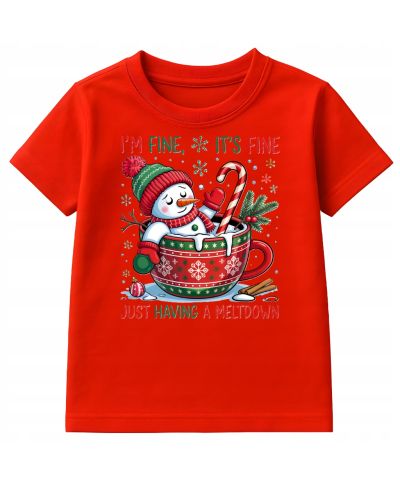 Koszulka dziecięca Świąteczna na Święta Bałwan w kubku I'm fine, it's fine