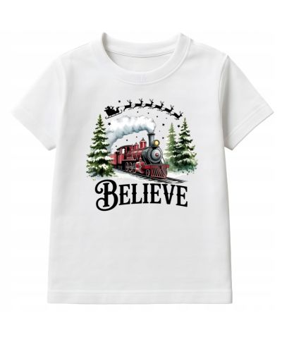 Koszulka dziecięca Świąteczna „Believe” magiczny pociąg Mikołaja