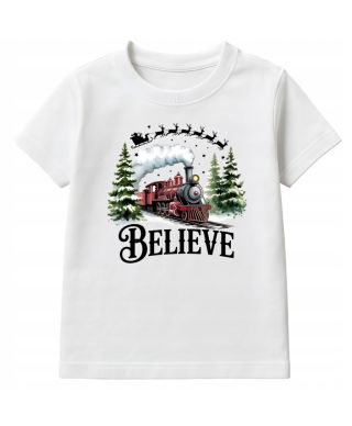 Koszulka dziecięca Świąteczna „Believe” magiczny pociąg Mikołaja