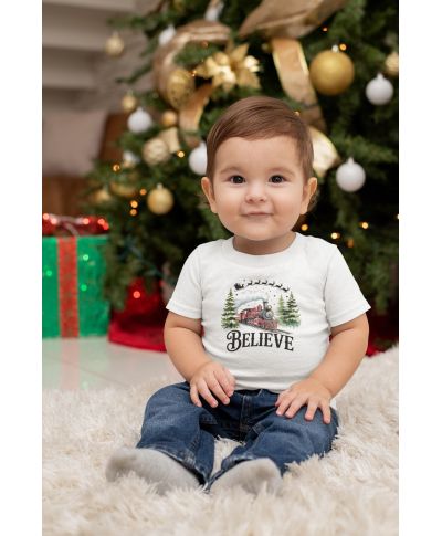 Koszulka dziecięca Świąteczna „Believe” magiczny pociąg Mikołaja