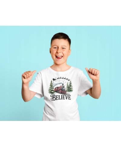 Koszulka dziecięca Świąteczna „Believe” magiczny pociąg Mikołaja