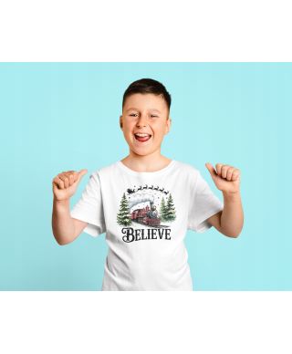 Koszulka dziecięca Świąteczna „Believe” magiczny pociąg Mikołaja