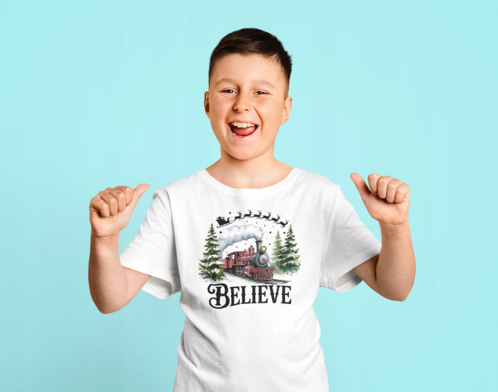 Koszulka dziecięca Świąteczna „Believe” magiczny pociąg Mikołaja — zdjęcie 3