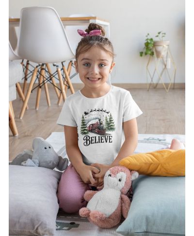 Koszulka dziecięca Świąteczna „Believe” magiczny pociąg Mikołaja