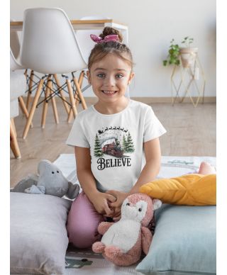 Koszulka dziecięca Świąteczna „Believe” magiczny pociąg Mikołaja