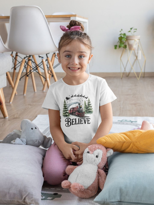 Koszulka dziecięca Świąteczna „Believe” magiczny pociąg Mikołaja — zdjęcie 4