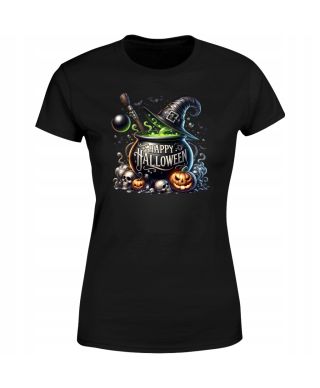 Koszulka damska Happy Halloween Kociołek Czarownicy dynie nietoperze