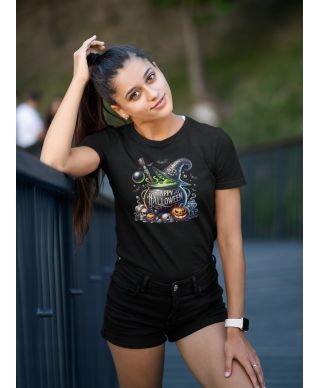 Koszulka damska Happy Halloween Kociołek Czarownicy dynie nietoperze