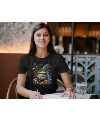 Koszulka damska Happy Halloween Kociołek Czarownicy dynie nietoperze