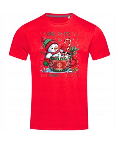 Koszulka męska Świąteczna na Święta Bałwan w kubku I'm fine, it's fine