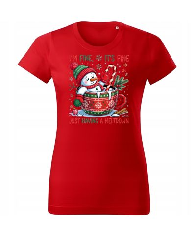 Koszulka damska Świąteczna na Święta Bałwan w kubku I'm fine, it's fine
