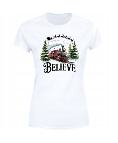 Koszulka damska Świąteczna „Believe” magiczny pociąg Mikołaja
