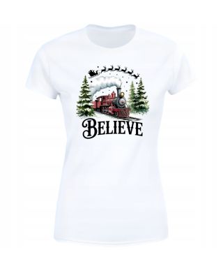 Koszulka damska Świąteczna „Believe” magiczny pociąg Mikołaja