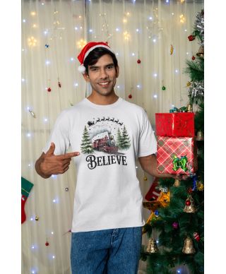 Koszulka męska Świąteczna „Believe” magiczny pociąg Mikołaja