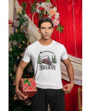 Koszulka męska Świąteczna „Believe” magiczny pociąg Mikołaja