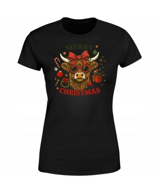 Koszulka damska Świąteczna „Merry Christmas” z uroczą krówką