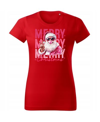 Koszulka damska Świąteczna Cool Santa Merry Christmas Mikołaj różowy