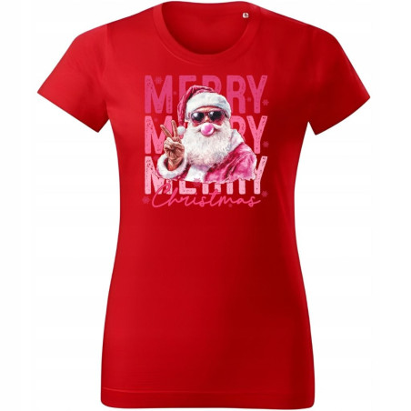 Koszulka damska Świąteczna Cool Santa Merry Christmas Mikołaj różowy