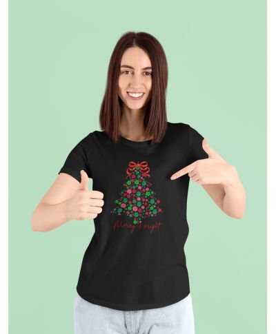 Koszulka damska Świąteczna „Merry & Bright” Kwiatowa choinka
