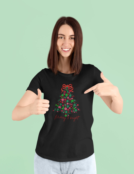 Koszulka damska Świąteczna „Merry & Bright” Kwiatowa choinka — zdjęcie 2