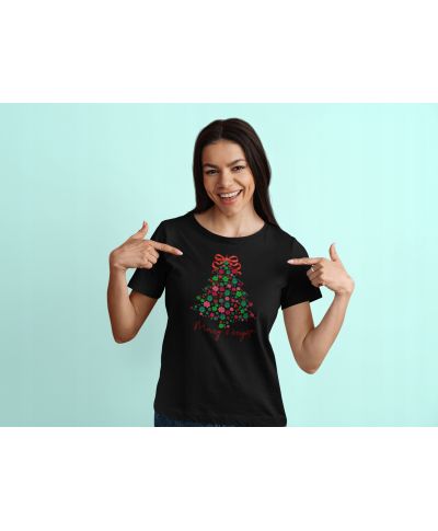 Koszulka damska Świąteczna „Merry & Bright” Kwiatowa choinka