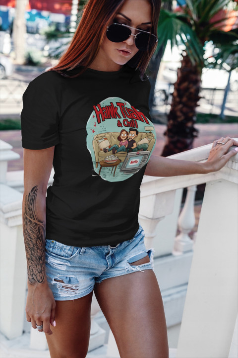 Koszulka damska Hawk Tuah & Chill Parodia Netflix & Chill trendy T-shirt — zdjęcie 5