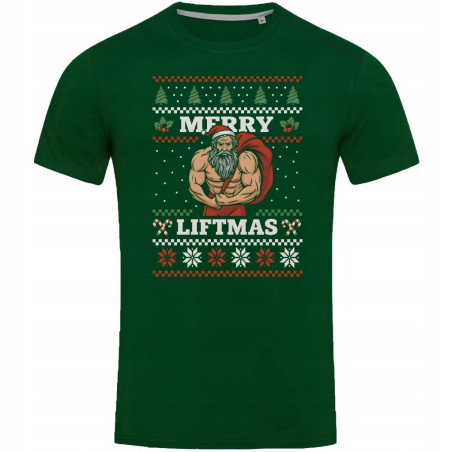 Koszulka męska Świąteczna Merry Liftmas Mikołaj Kulturysta na siłowni