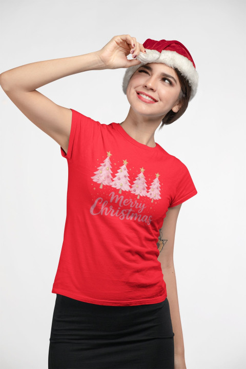 Koszulka damska Świąteczna Pink Christmas Trees różowa magia Świąt — zdjęcie 2