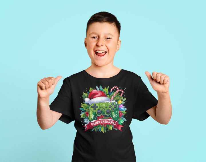Koszulka dziecięca Świąteczna Gamer Christmas dla fanów gier Pad do gry — zdjęcie 2