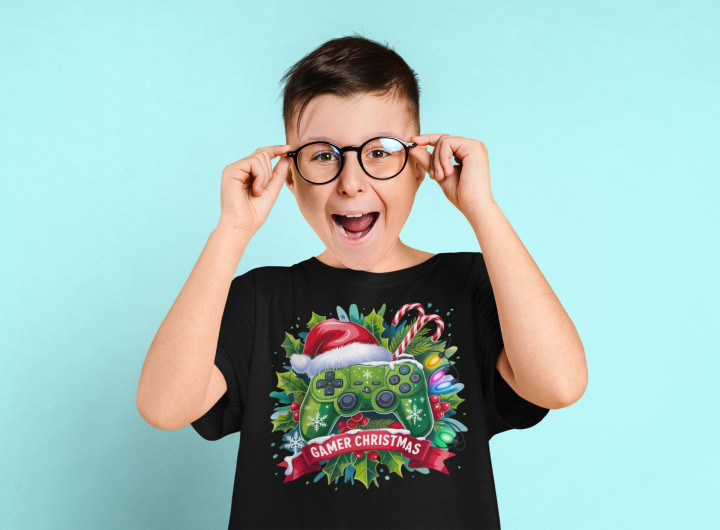 Koszulka dziecięca Świąteczna Gamer Christmas dla fanów gier Pad do gry — zdjęcie 3