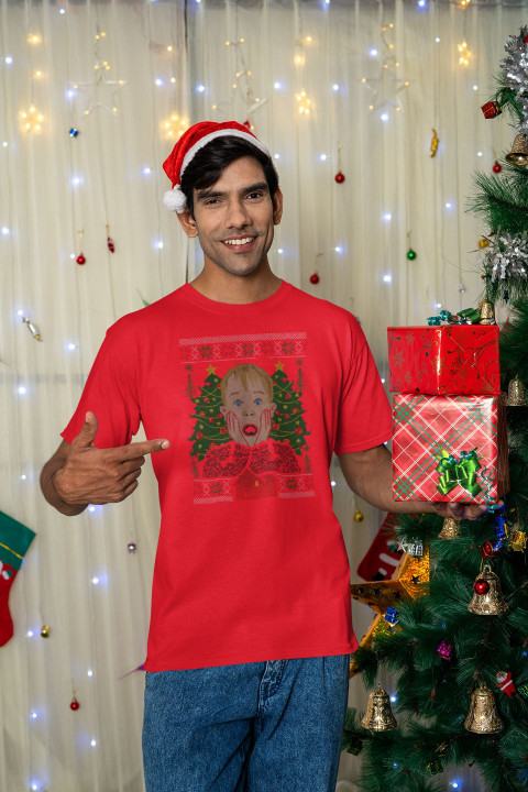 Koszulka męska Świąteczna z filmową twarzą Kevina T-shirt Kevin zaskoczony — zdjęcie 2
