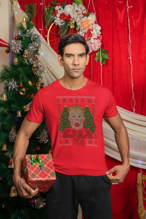 Koszulka męska Świąteczna z filmową twarzą Kevina T-shirt Kevin zaskoczony — zdjęcie 3