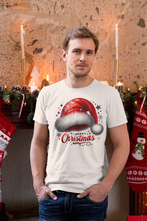 Koszulka męska Świąteczna „Merry Christmas” czapka Mikołaja klasyk — zdjęcie 2