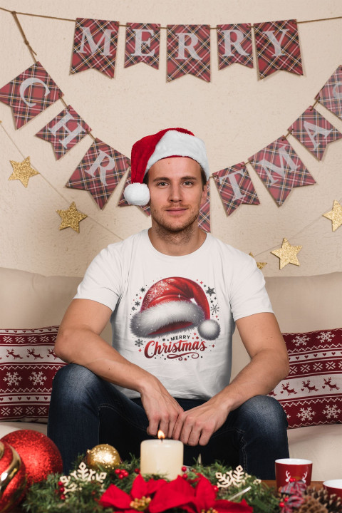 Koszulka męska Świąteczna „Merry Christmas” czapka Mikołaja klasyk — zdjęcie 3
