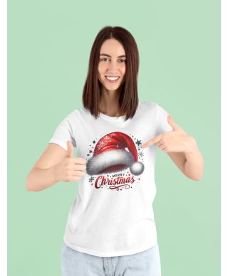 Koszulka damska Świąteczna „Merry Christmas” czapka Mikołaja klasyk