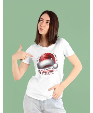 Koszulka damska Świąteczna „Merry Christmas” czapka Mikołaja klasyk