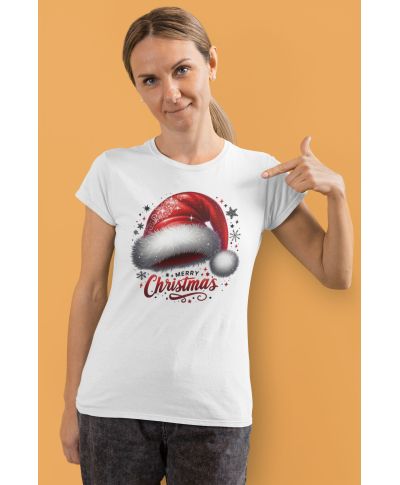 Koszulka damska Świąteczna „Merry Christmas” czapka Mikołaja klasyk