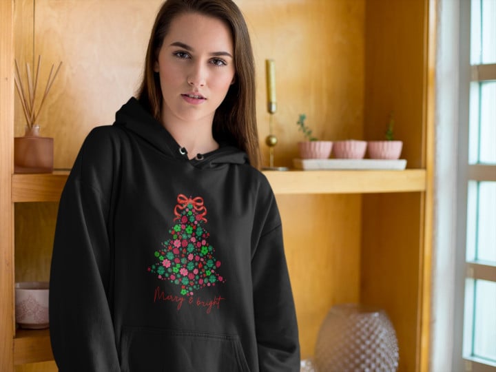 Bluza z kapturem damska Świąteczna „Merry & Bright” Kwiatowa choinka — zdjęcie 2