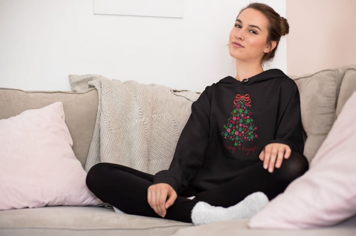 Bluza z kapturem damska Świąteczna „Merry & Bright” Kwiatowa choinka — zdjęcie 3
