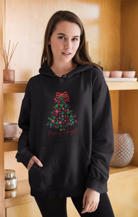 Bluza z kapturem damska Świąteczna „Merry & Bright” Kwiatowa choinka — zdjęcie 4
