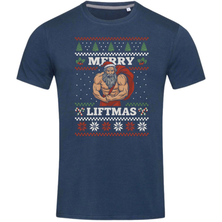 Koszulka męska Świąteczna Merry Liftmas Mikołaj Kulturysta na siłowni