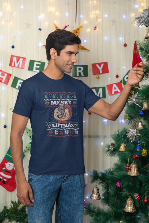 Koszulka męska Świąteczna Merry Liftmas Mikołaj Kulturysta na siłowni — zdjęcie 4