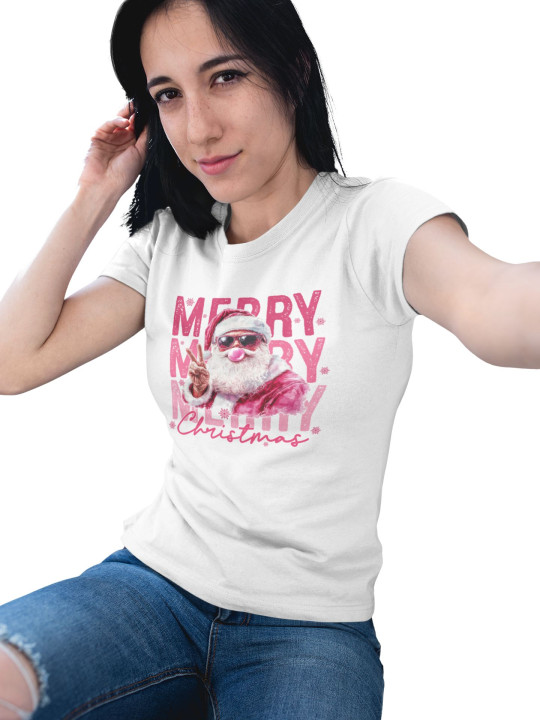 Koszulka damska Świąteczna Cool Santa Merry Christmas Mikołaj różowy — zdjęcie 4