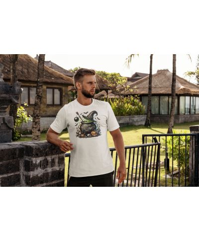 Koszulka męska Happy Halloween Kociołek Czarownicy dynie nietoperze