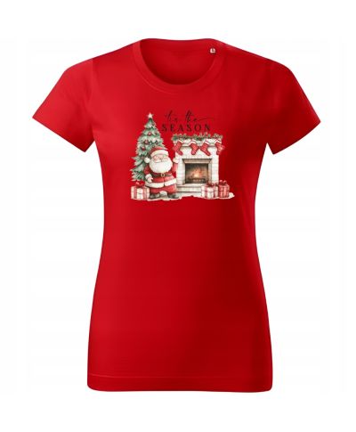 Koszulka damska Świąteczna Mikołaj przy kominku świąteczny nastrój choinka