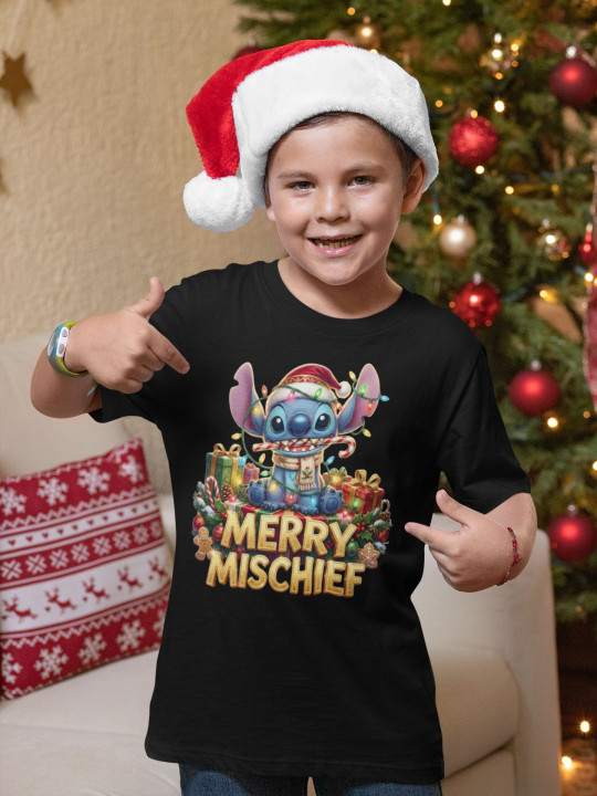 Koszulka dziecięca Świąteczna MERRY MISCHIEF wesołe psoty słodki stworek — zdjęcie 2