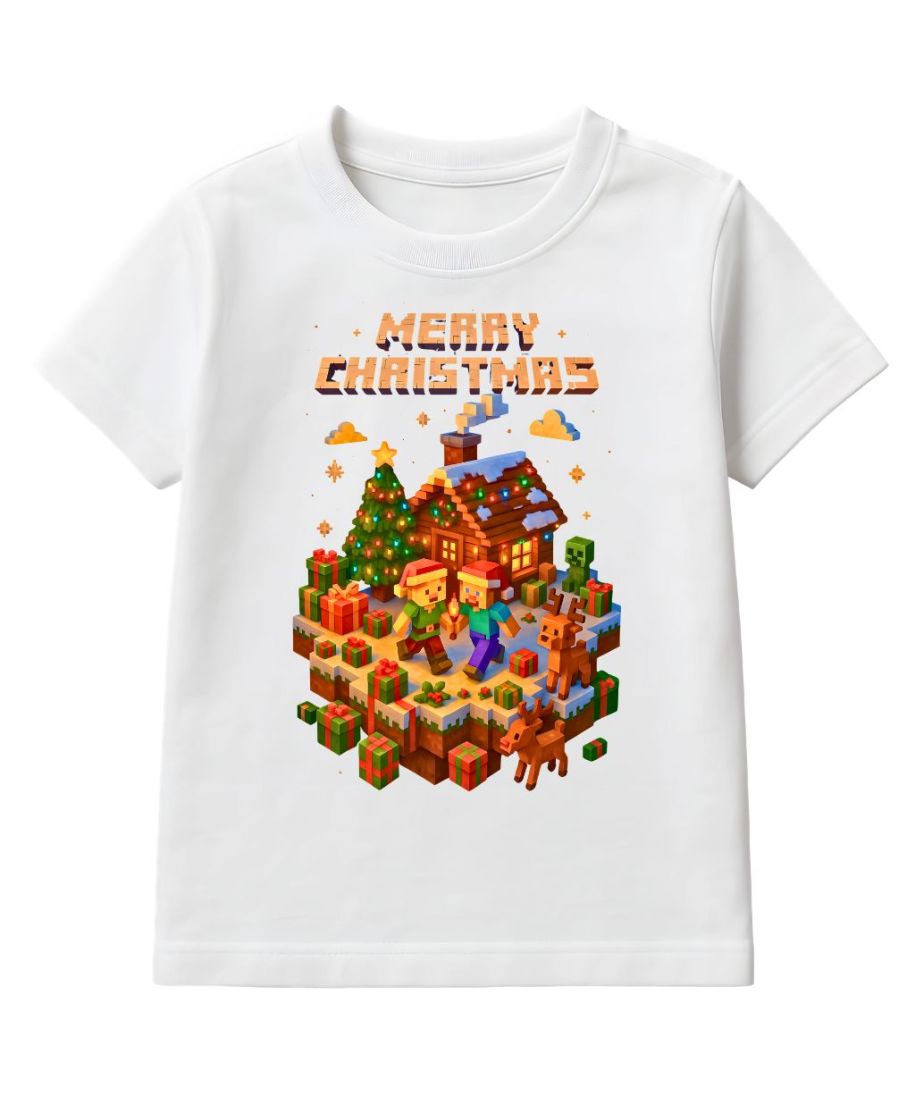 Koszulka dziecięca Świąteczna Merry Christmas w stylu Minecraft dla gracza