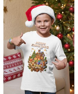 Koszulka dziecięca Świąteczna Merry Christmas w stylu Minecraft dla gracza