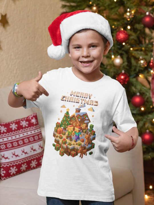 Koszulka dziecięca Świąteczna Merry Christmas w stylu Minecraft dla gracza — zdjęcie 3